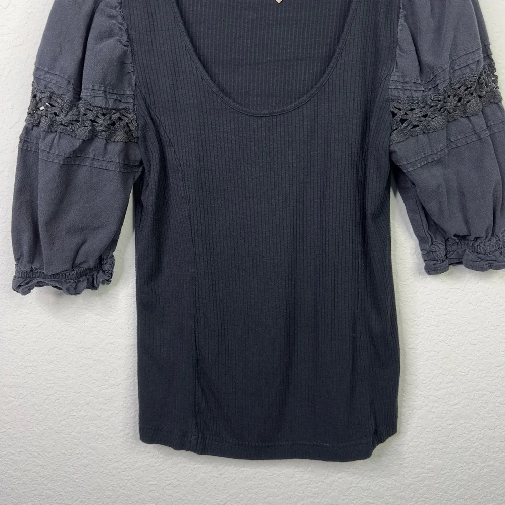 Free People Shirt S Black Ribbed‎ Puff Sleeve Crochet Lace Romantic Goth Boho